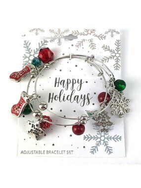 Christmas Gift Charm Bracelet Silver-tone Bangle Beads Happy Holidays #1342